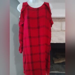 LOFT Red and Black Cold Shoulder Plaid Dress Career Christmas Party